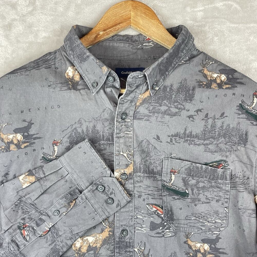 Croft & Barrow Men's Large Grey Scenic Deer Fish Shirt Cabincore Gorpcore